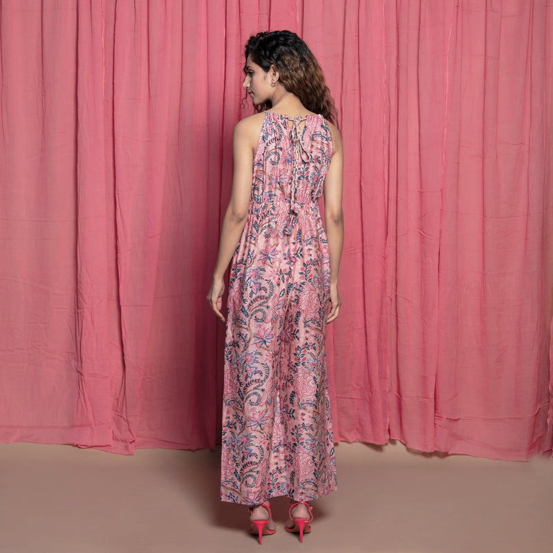 Back View of a Model wearing Pink Cotton Chanderi Block Printed Ankle Length Jumpsuit