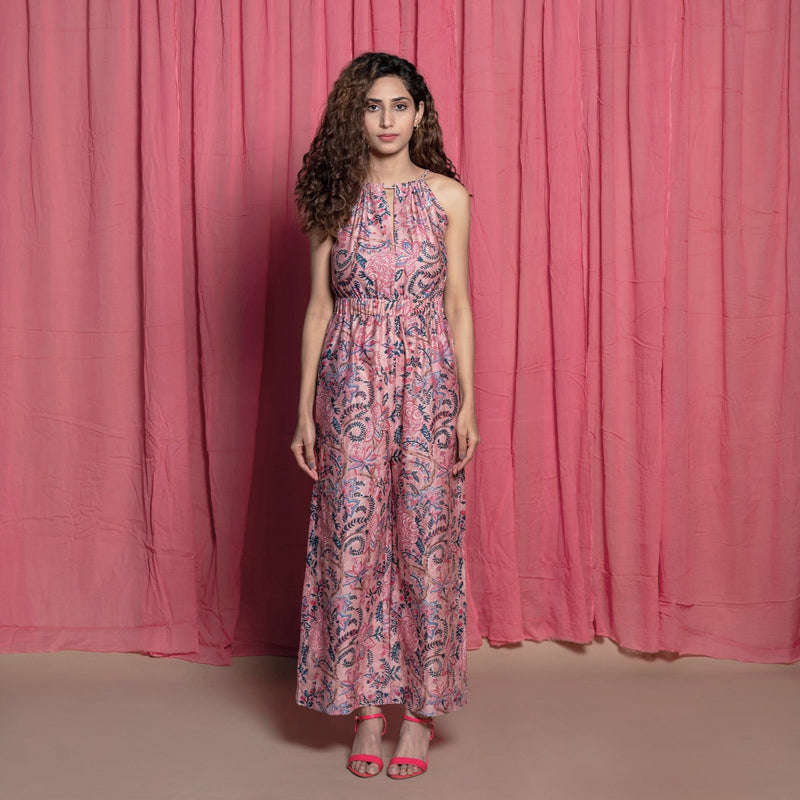 Front View of a Model wearing Pink Cotton Chanderi Block Printed Ankle Length Jumpsuit