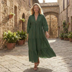 Forest Green 100% Cotton Deep-V Maxi Tier Dress