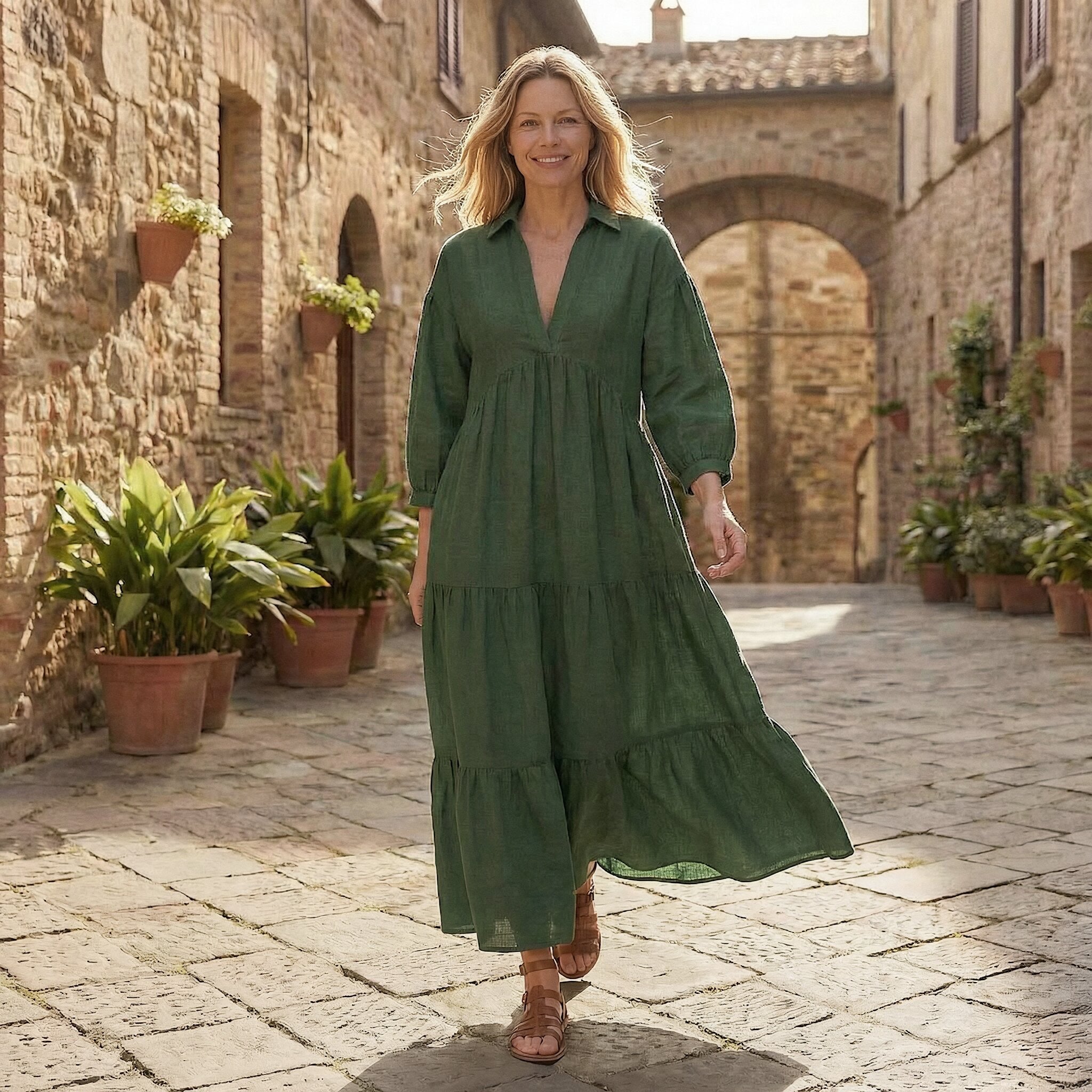 Forest Green 100% Cotton Deep-V Maxi Tier Dress