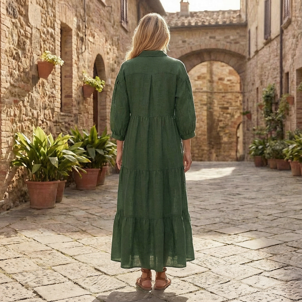 Forest Green 100% Cotton Deep-V Maxi Tier Dress