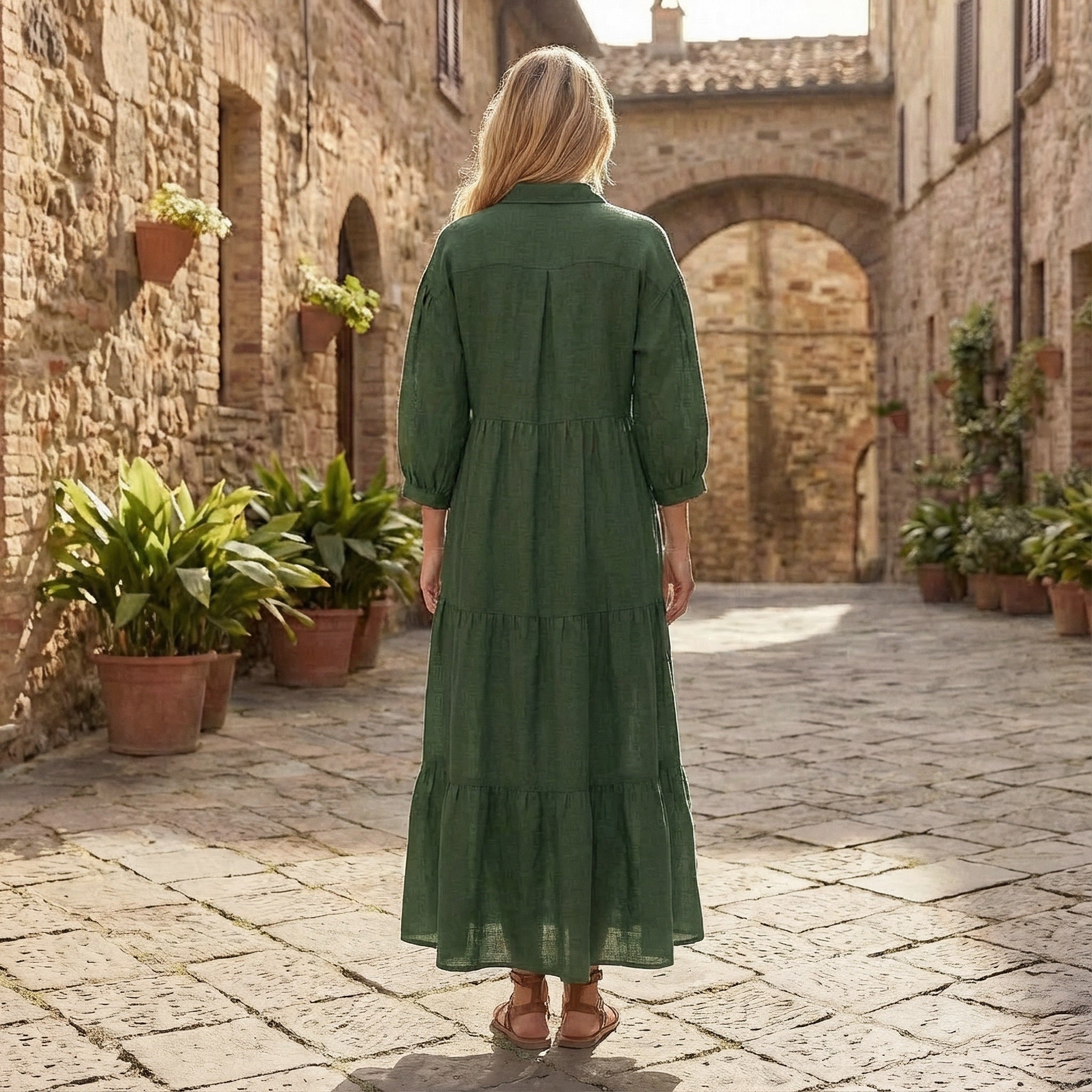 Forest Green 100% Cotton Deep-V Maxi Tier Dress