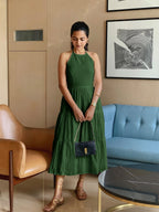 Forest Green 100% Cotton Halter Neck Tier Midi Dress