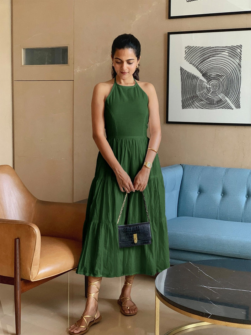 Forest Green 100% Cotton Halter Neck Tier Midi Dress