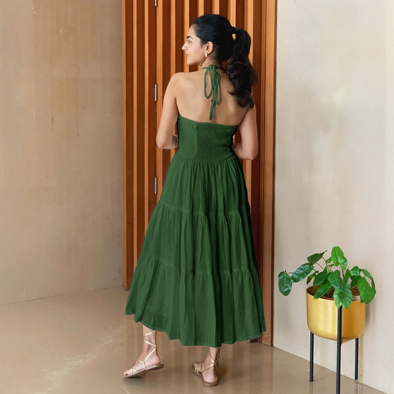Forest Green 100% Cotton Halter Neck Tier Midi Dress