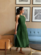 Forest Green 100% Cotton Halter Neck Tier Midi Dress