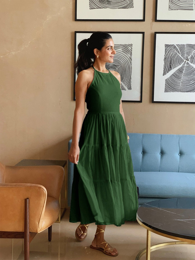 Forest Green 100% Cotton Halter Neck Tier Midi Dress