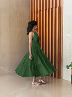 Forest Green 100% Cotton Halter Neck Tier Midi Dress