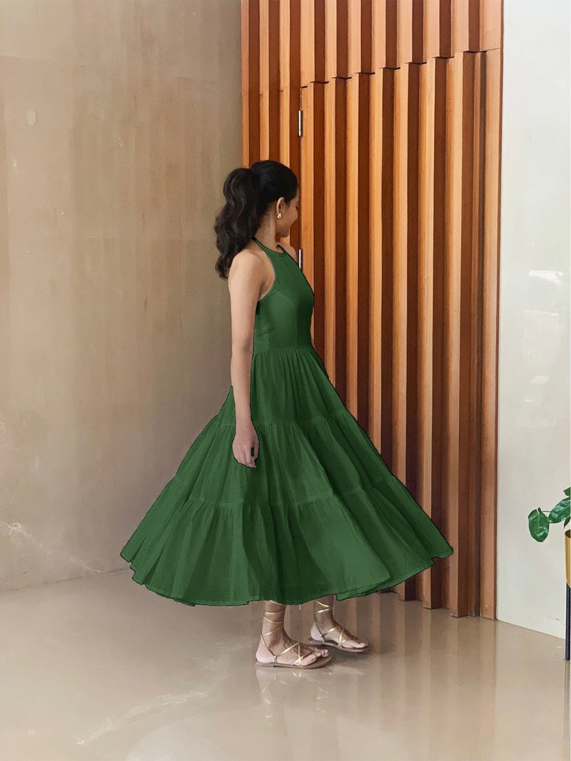 Forest Green 100% Cotton Halter Neck Tier Midi Dress