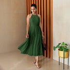 Forest Green 100% Cotton Halter Neck Tier Midi Dress