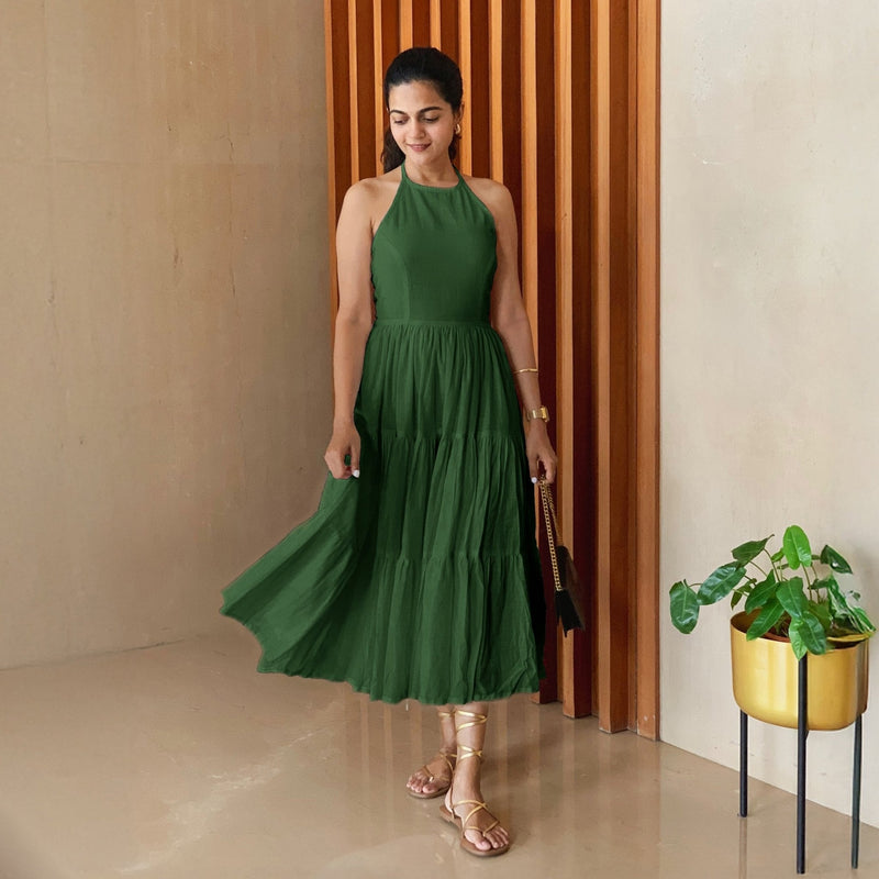 Forest Green 100% Cotton Halter Neck Tier Midi Dress