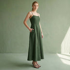 Forest Green Cotton Ankle Length Flared Sundress