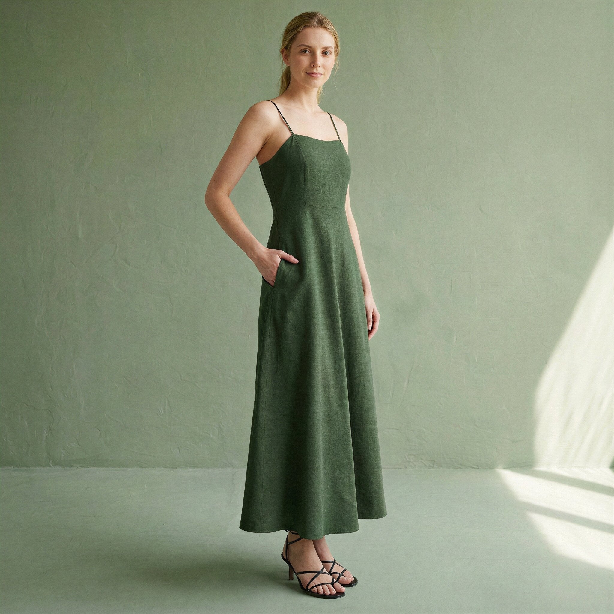 Forest Green Cotton Ankle Length Flared Sundress