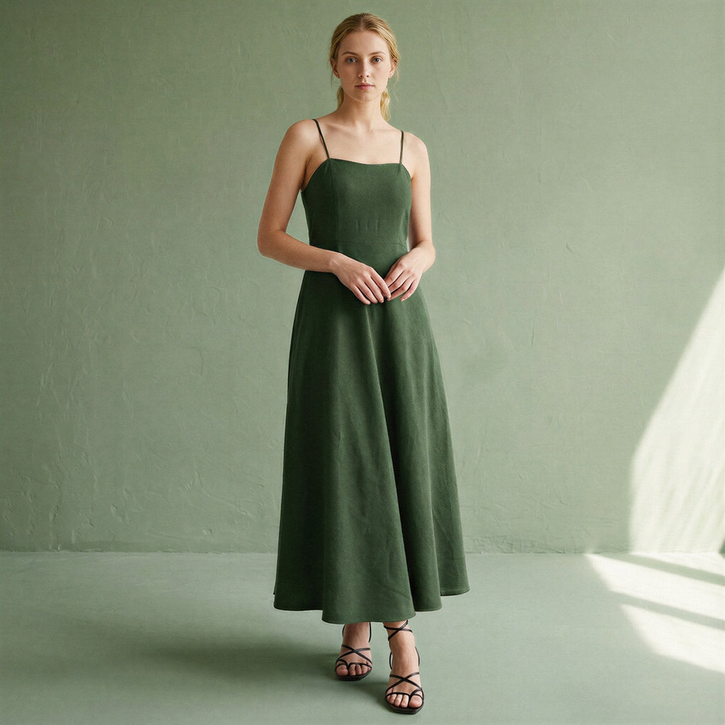 Forest Green Cotton Ankle Length Flared Sundress