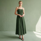 Forest Green Cotton Ankle Length Flared Sundress