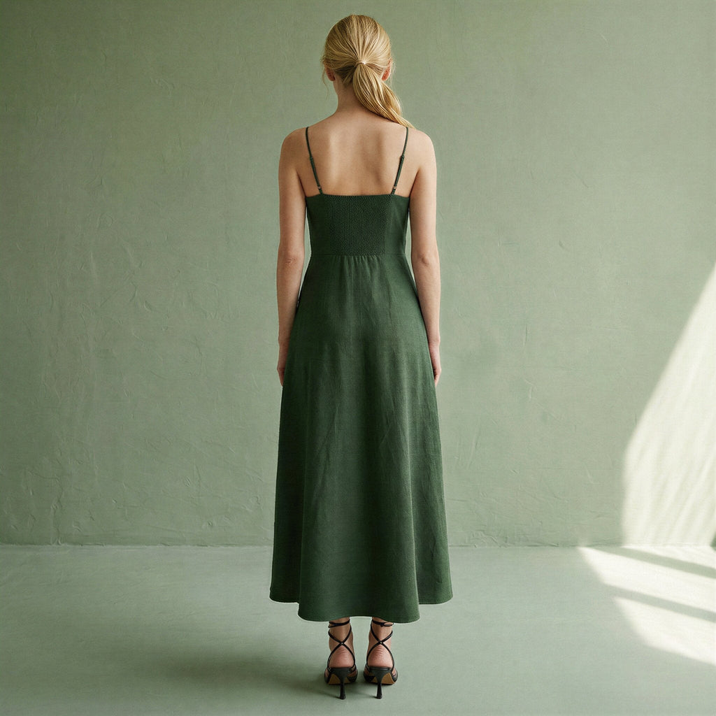 Forest Green Cotton Ankle Length Flared Sundress