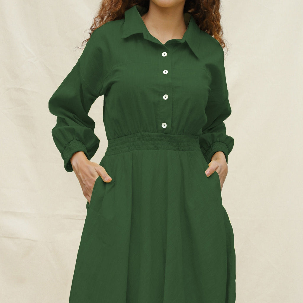 Forest Green Cotton Button-Down Yoked Maxi Dress