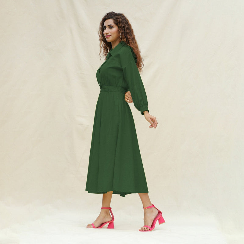 Forest Green Cotton Button-Down Yoked Maxi Dress