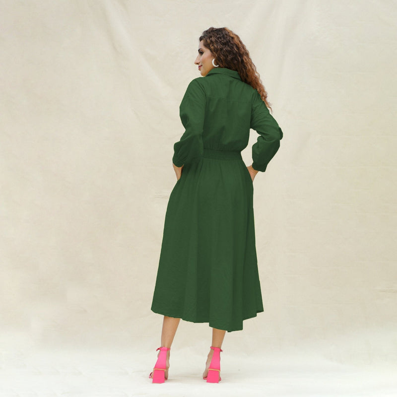 Forest Green Cotton Button-Down Yoked Maxi Dress