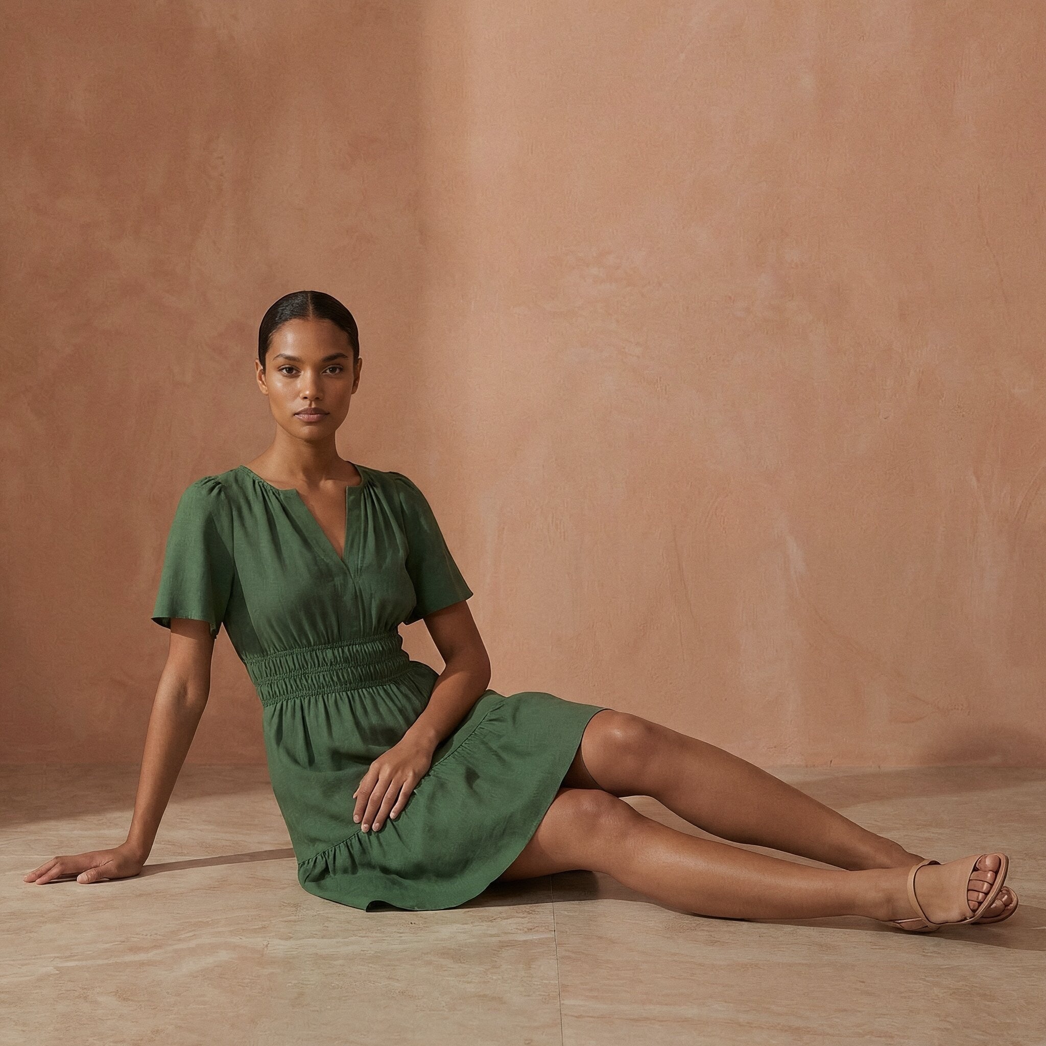 Forest Green Cotton Elasticated Short Tier Dress