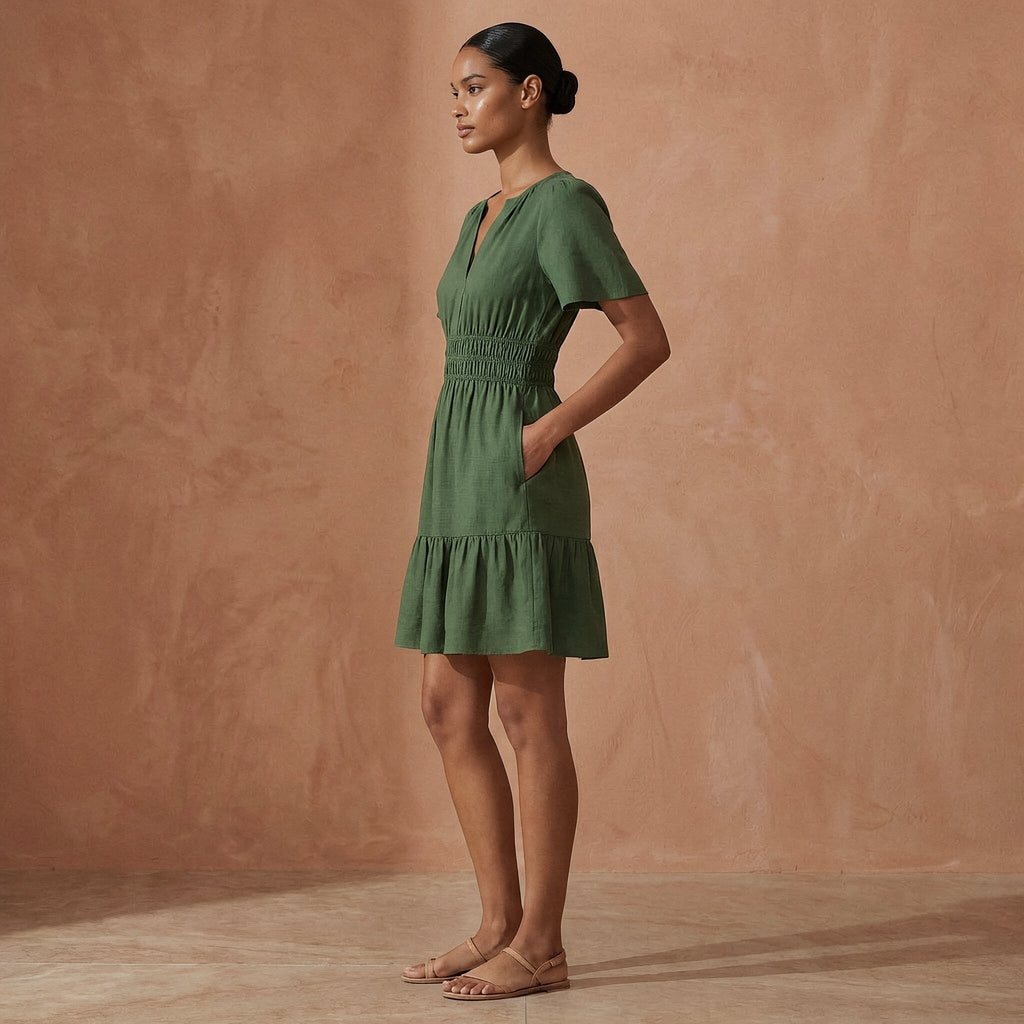 Forest Green Cotton Elasticated Short Tier Dress