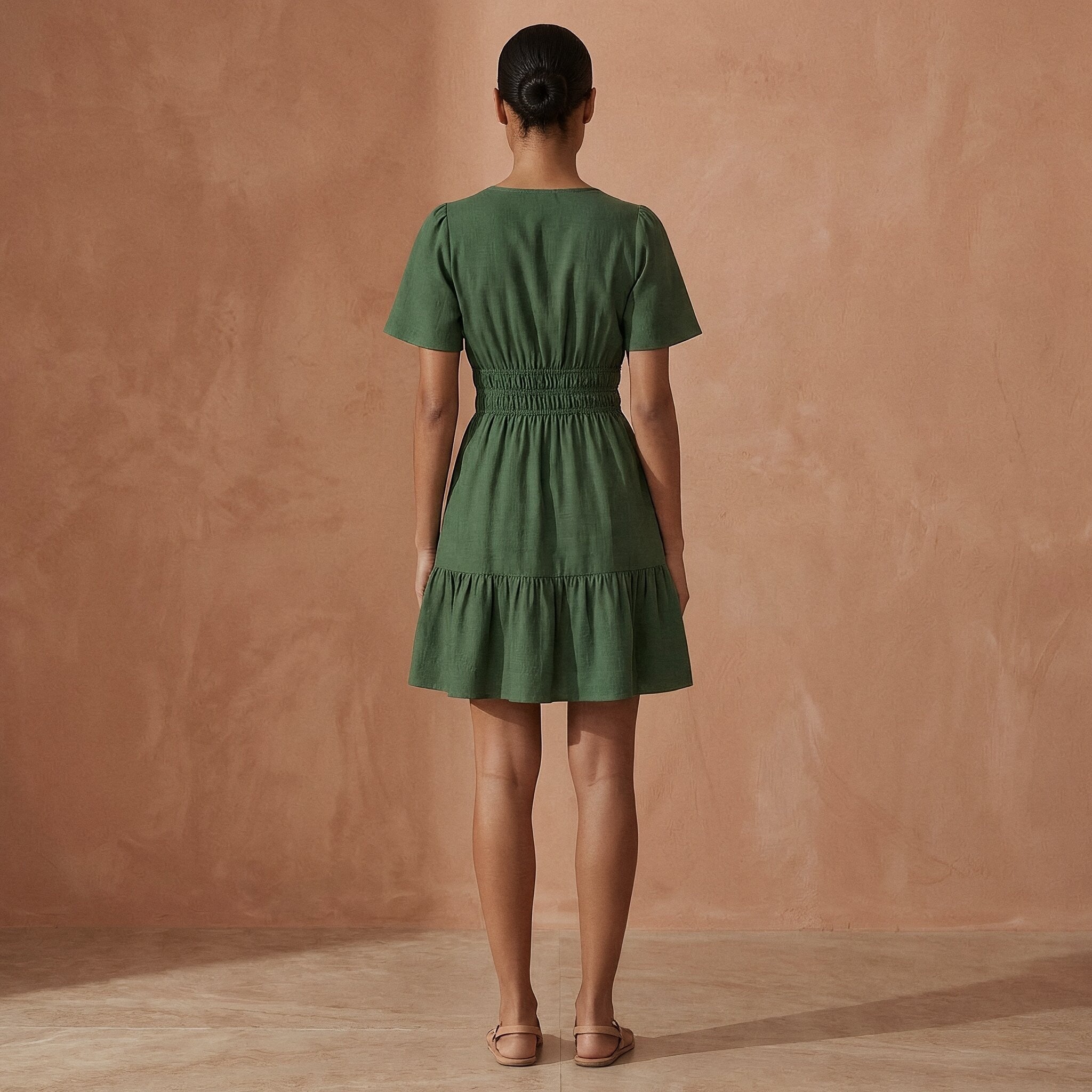 Forest Green Cotton Elasticated Short Tier Dress