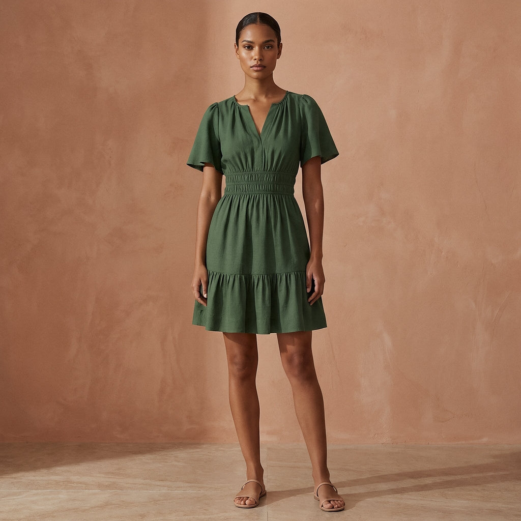Forest Green Cotton Elasticated Short Tier Dress