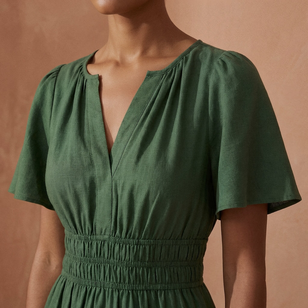 Forest Green Cotton Elasticated Short Tier Dress