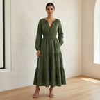 Forest Green Cotton Fit and Flare Maxi Tier Dress