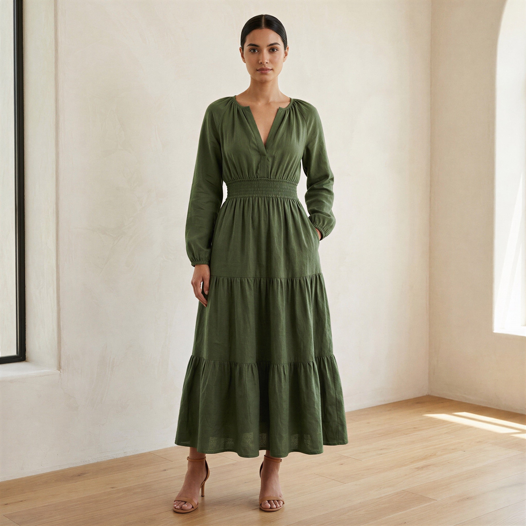 Forest Green Cotton Fit and Flare Maxi Tier Dress