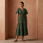 Forest Green Cotton Flutter Sleeve Tie-Back Tiered Midi Dress