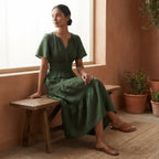 Forest Green Cotton Flutter Sleeve Tie-Back Tiered Midi Dress