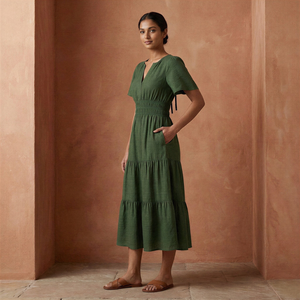 Forest Green Cotton Flutter Sleeve Tie-Back Tiered Midi Dress
