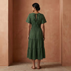 Forest Green Cotton Flutter Sleeve Tie-Back Tiered Midi Dress