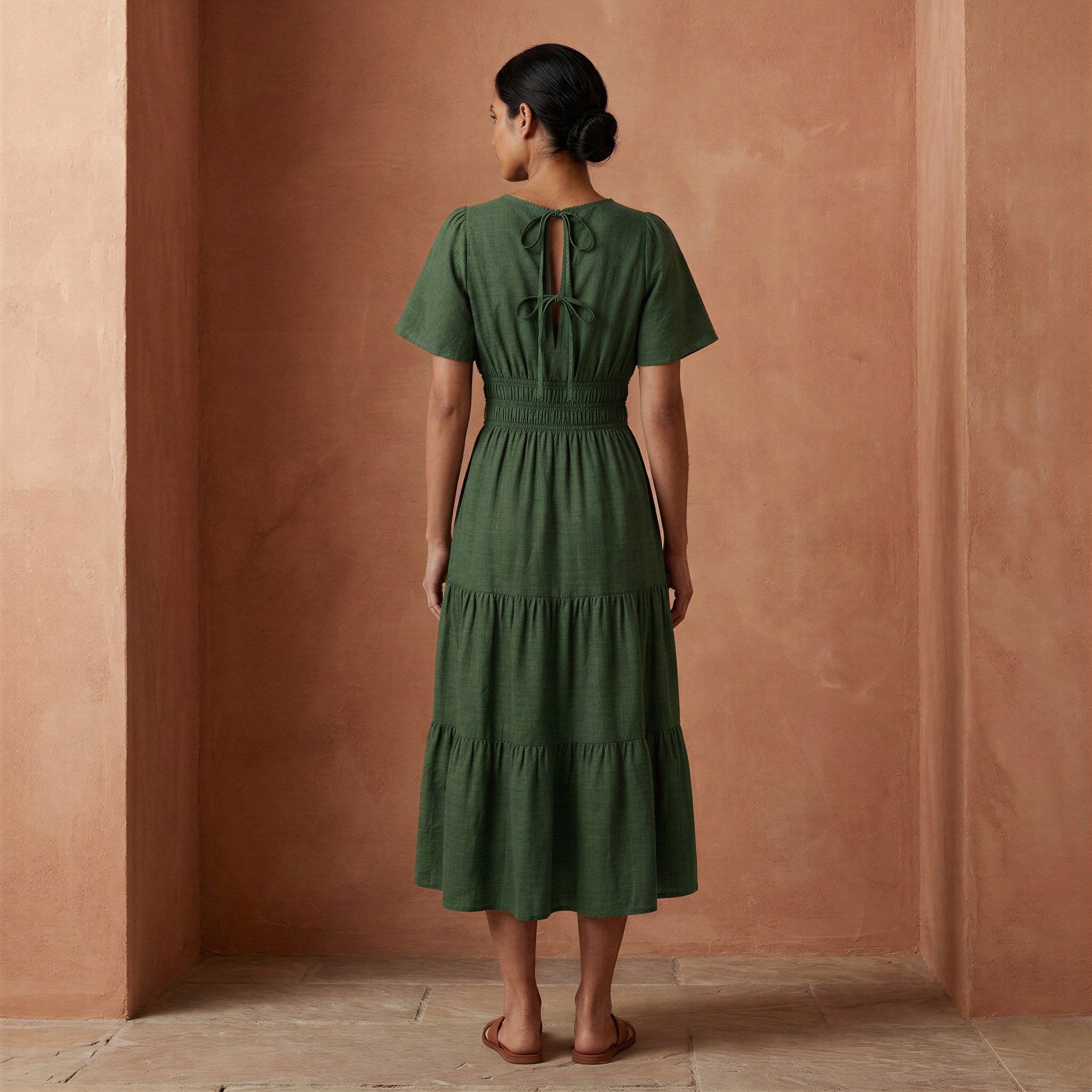 Forest Green Cotton Flutter Sleeve Tie-Back Tiered Midi Dress