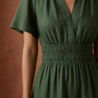 Forest Green Cotton Flutter Sleeve Tie-Back Tiered Midi Dress