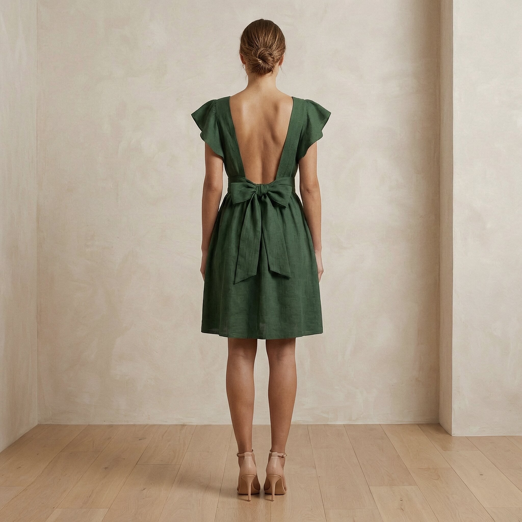 Forest Green Cotton Open-Back Fit and Flare Knee Length Dress