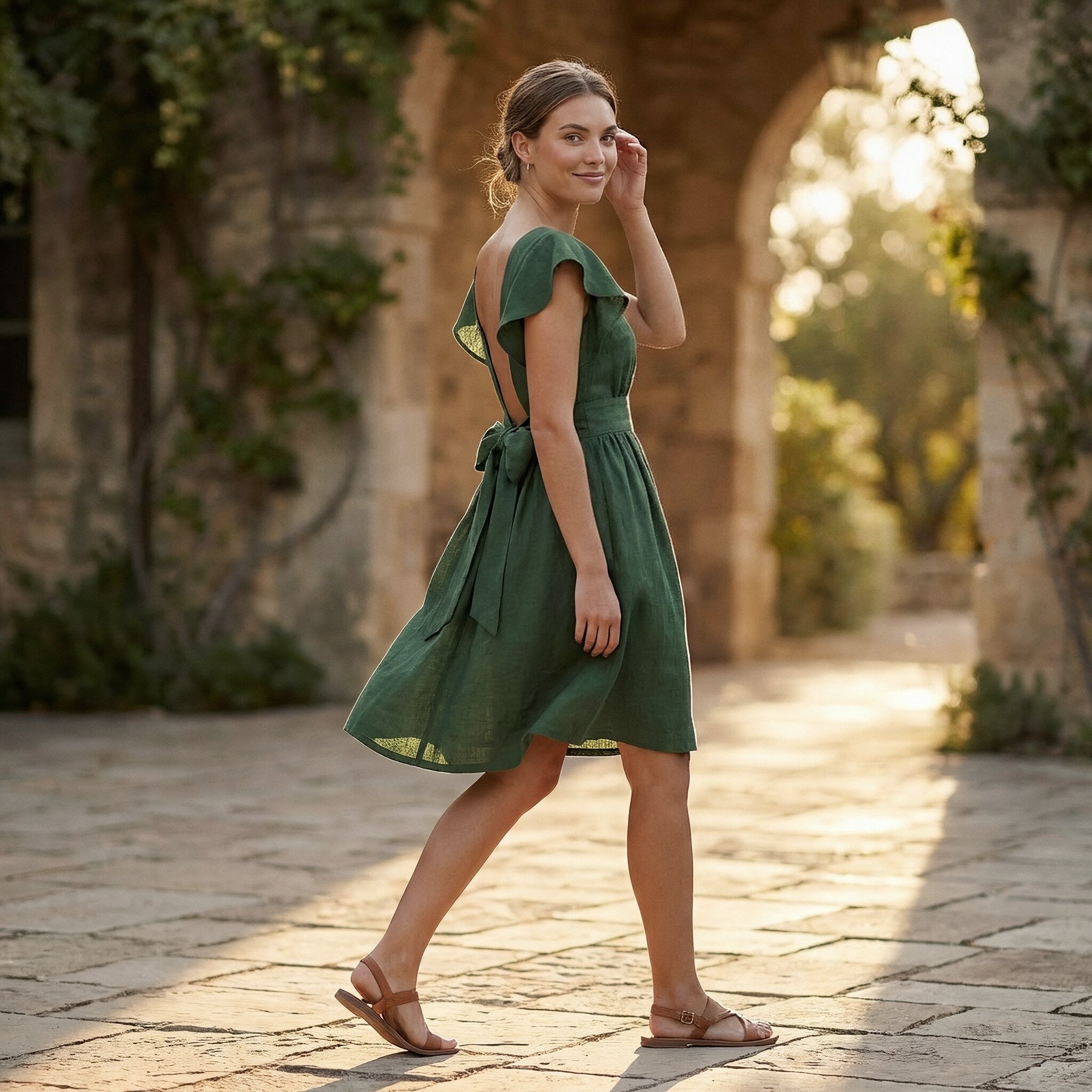 Forest Green Cotton Open-Back Fit and Flare Knee Length Dress