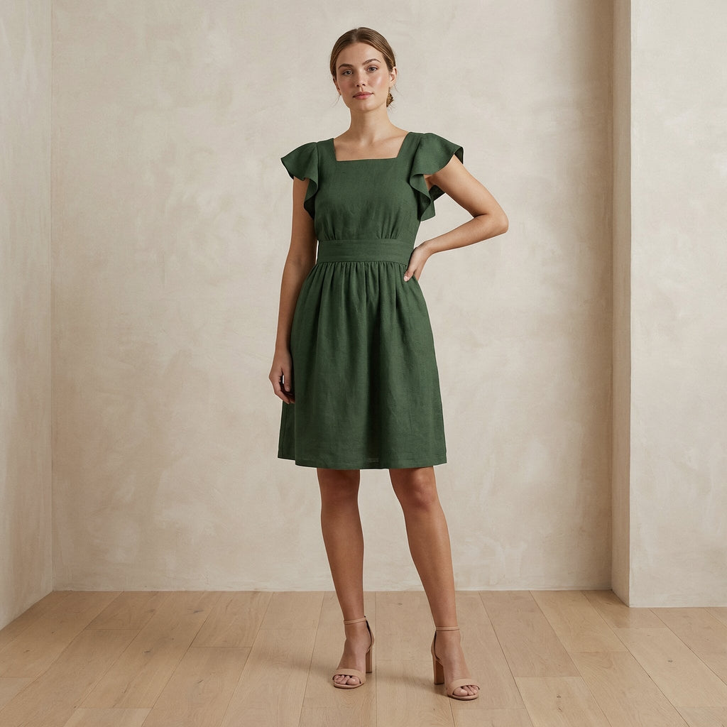 Forest Green Cotton Open-Back Fit and Flare Knee Length Dress