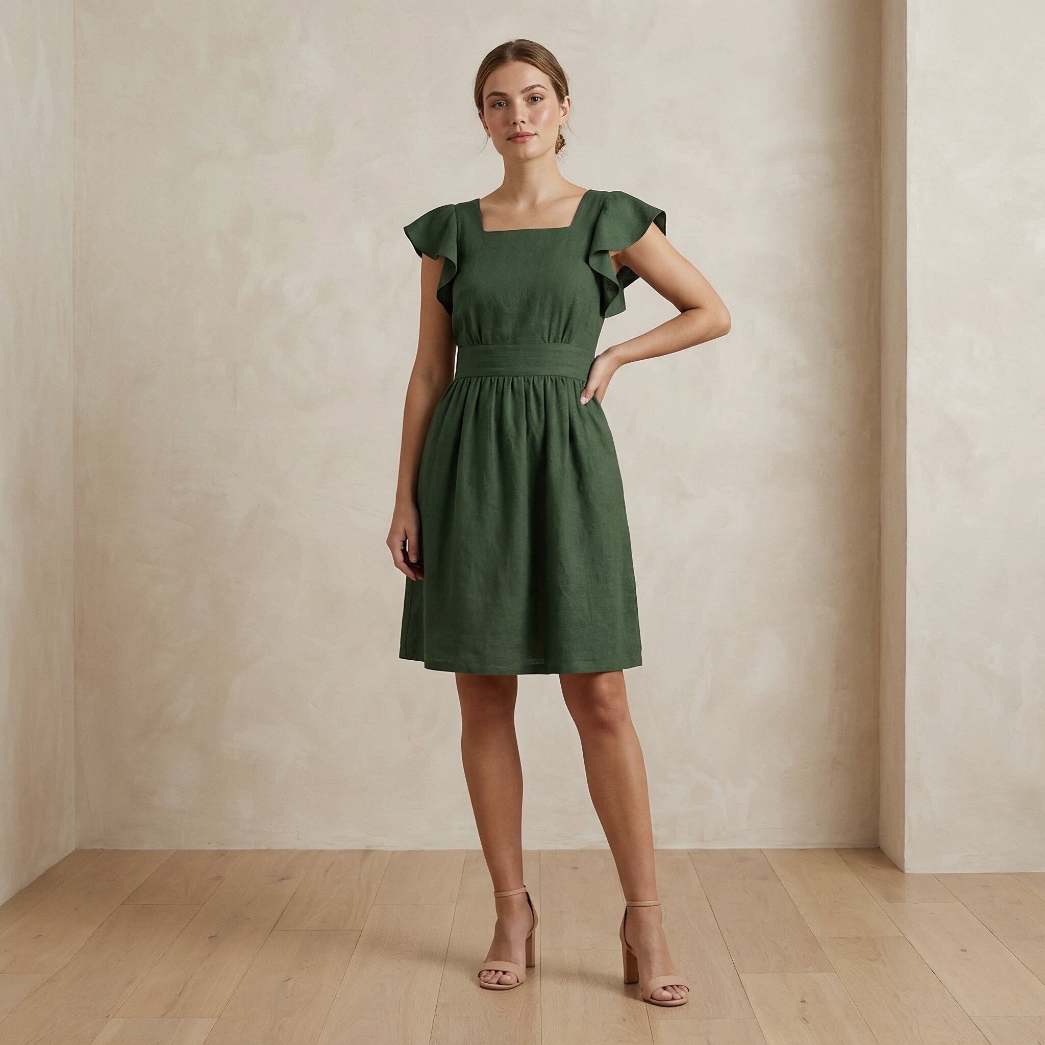 Forest Green Cotton Open-Back Fit and Flare Knee Length Dress