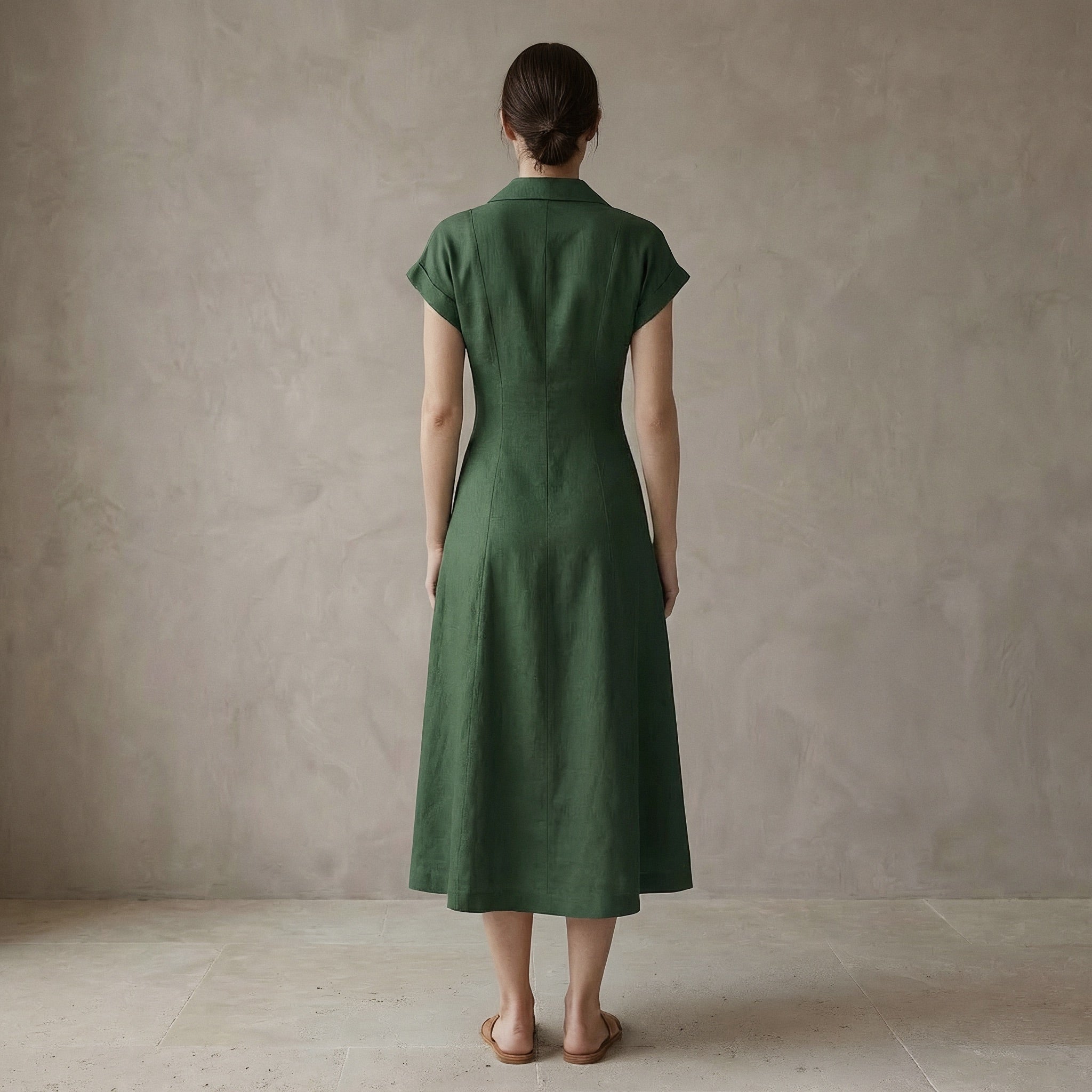 Forest Green Cotton Paneled A-Line Midi Dress