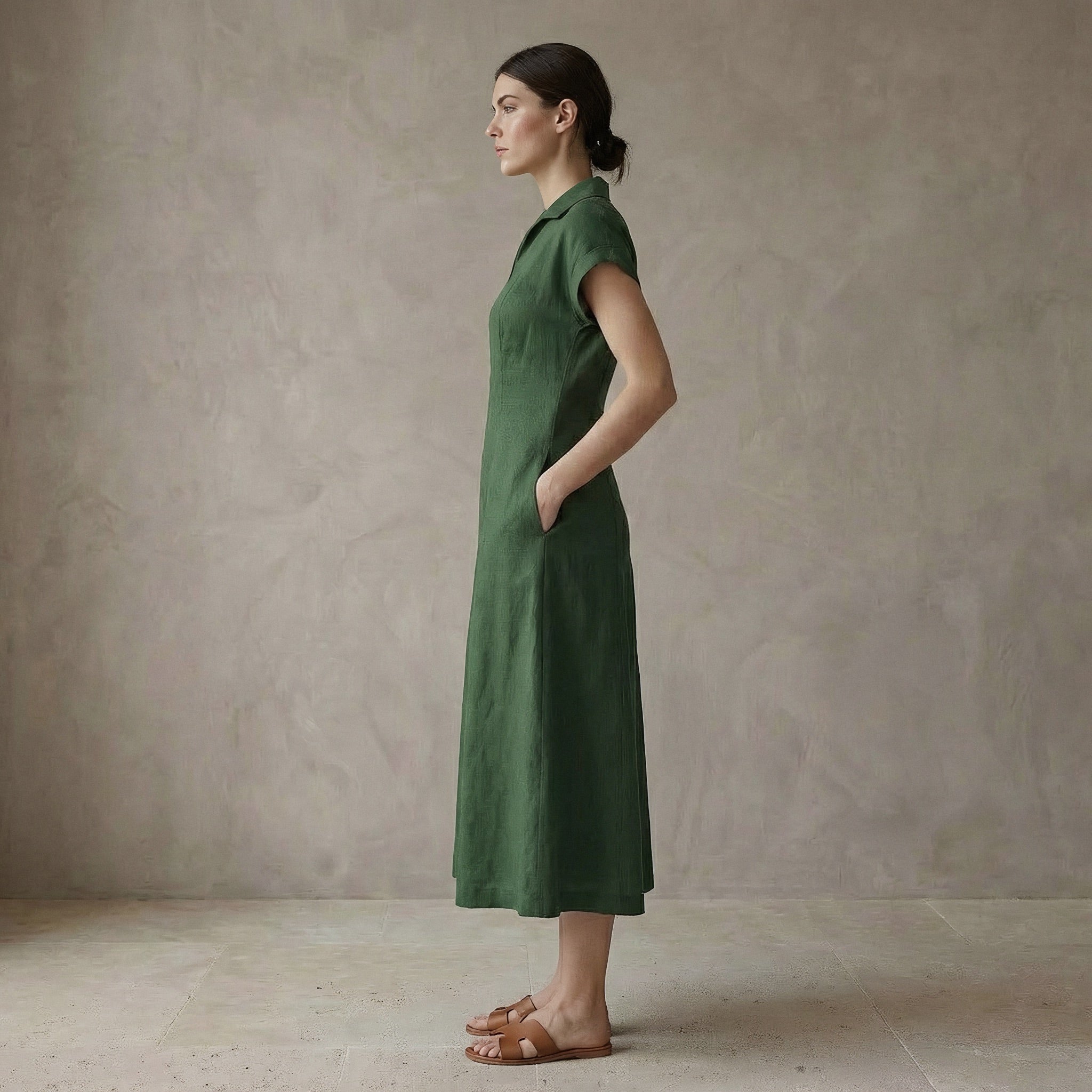 Forest Green Cotton Paneled A-Line Midi Dress