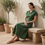 Forest Green Cotton Paneled A-Line Midi Dress