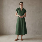 Forest Green Cotton Paneled A-Line Midi Dress