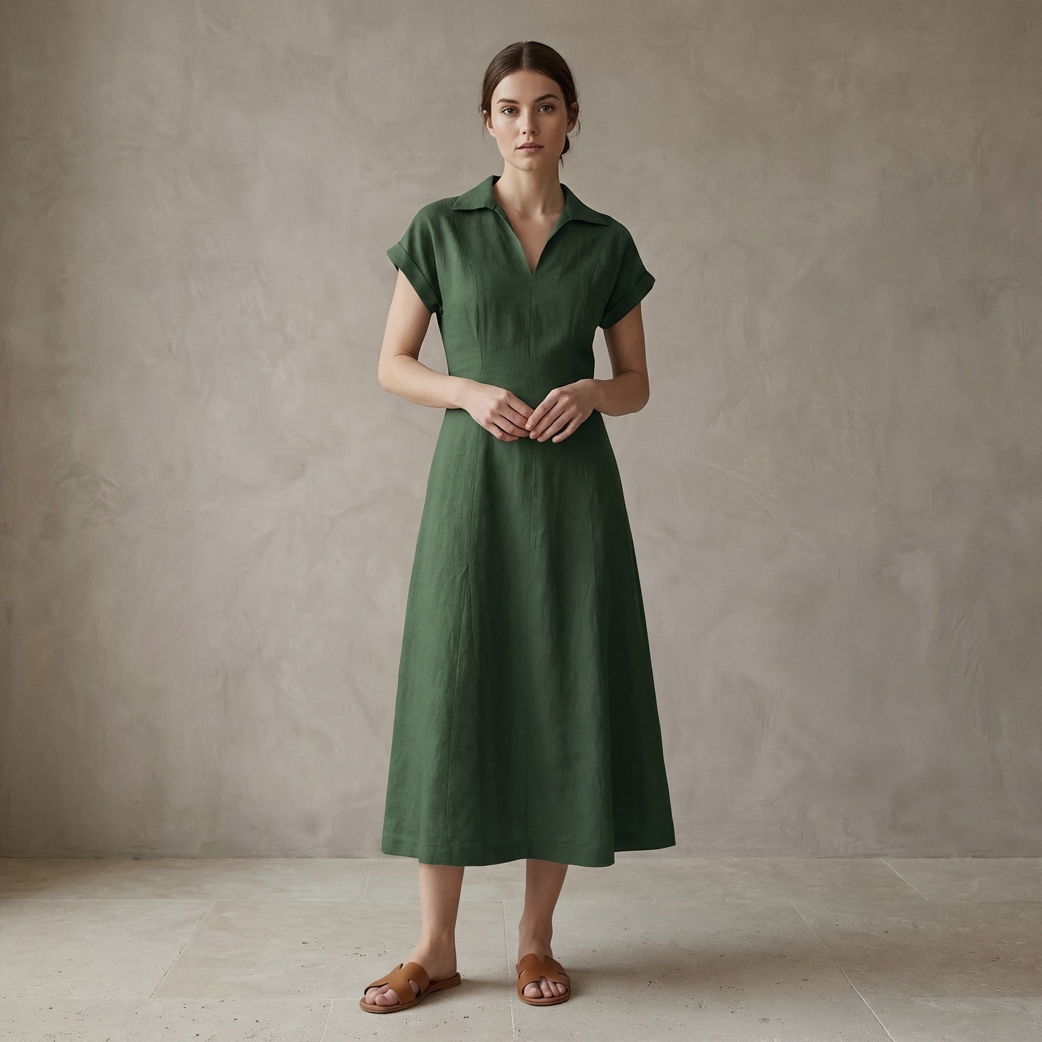Forest Green Cotton Paneled A-Line Midi Dress