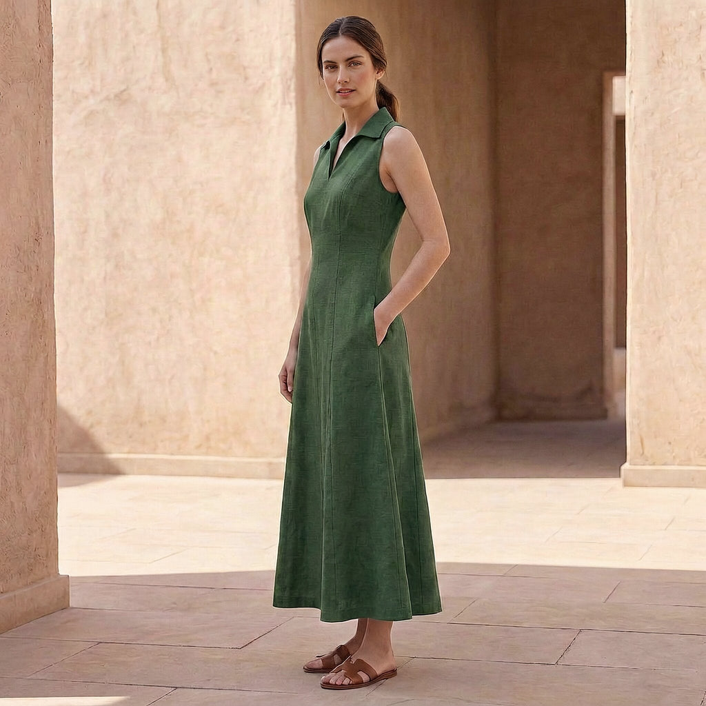 Forest Green Cotton Paneled Sleeveless Maxi Dress