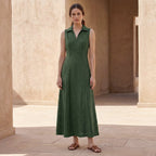 Forest Green Cotton Paneled Sleeveless Maxi Dress