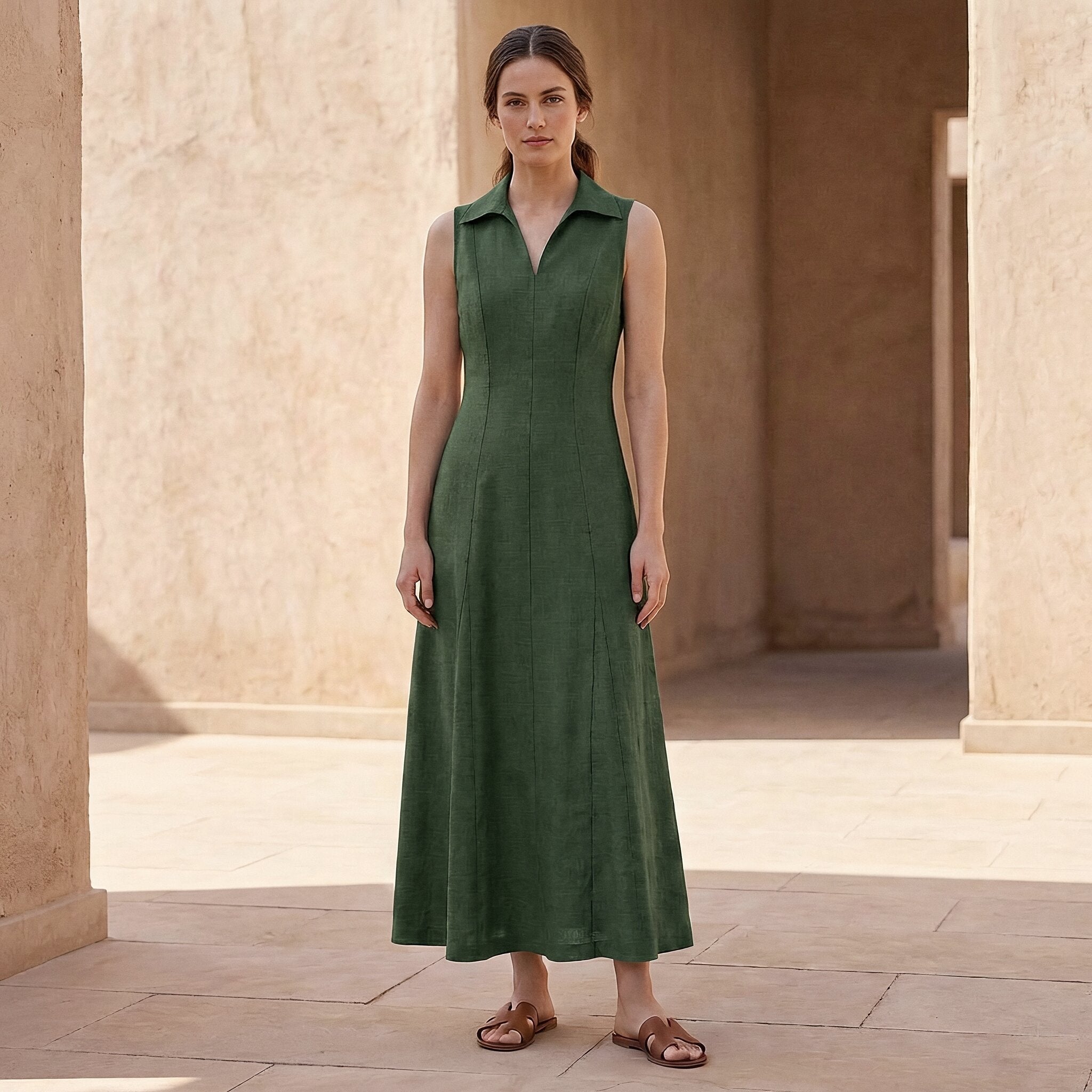 Forest Green Cotton Paneled Sleeveless Maxi Dress