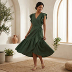 Forest Green Cotton Ruffle Midi Wrap Dress