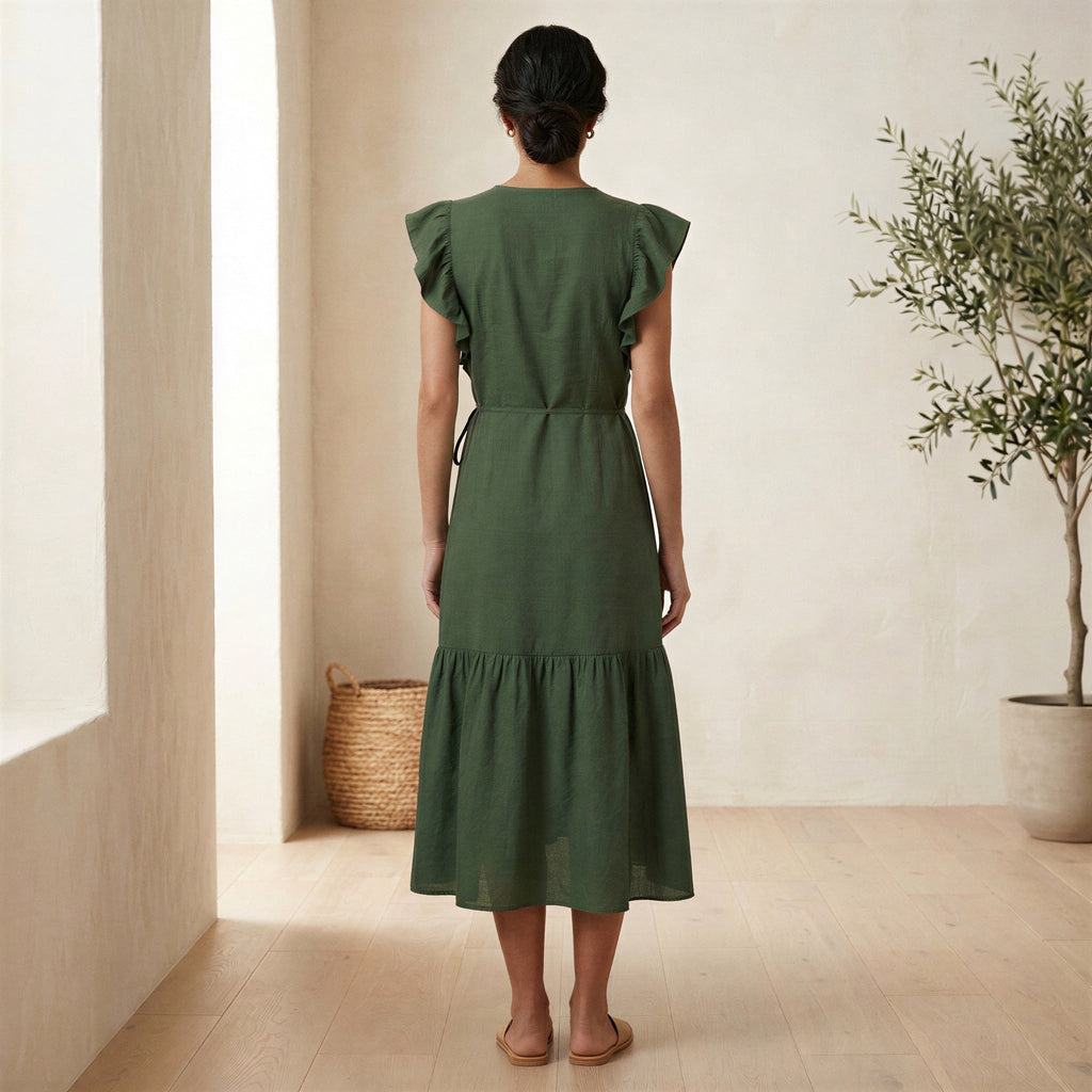 Forest Green Cotton Ruffle Midi Wrap Dress